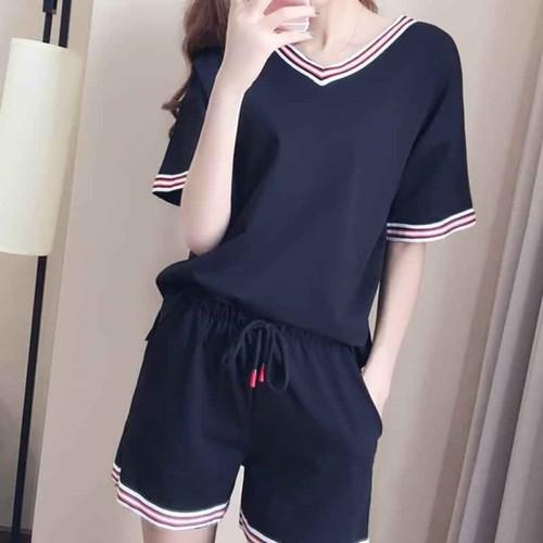 Set đồ bộ đùi cổ tim phối sọc, chất liệu thun cotton loại 1, thấm hút mồ hôi, thoáng mát size 40-65kg