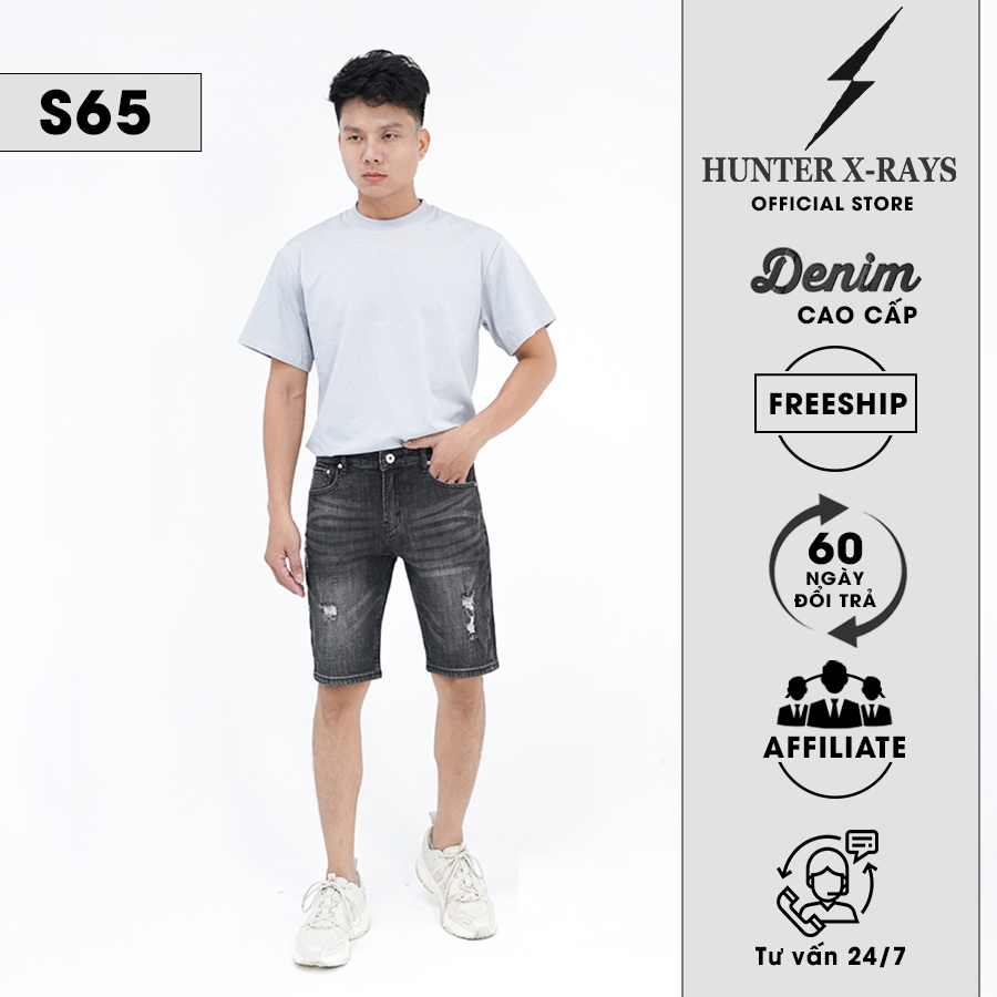 Quần Short Jeans Nam Rách Cao Cấp HUNTER X-RAYS  Form slimfit Thun Màu Xám Đậm S65