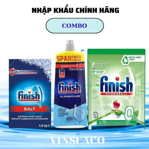 Combo Viên rửa bát Finish Hữu cơ 70 tabs + Muối Finish 1.5kg + Nước bóng finish 1150ml