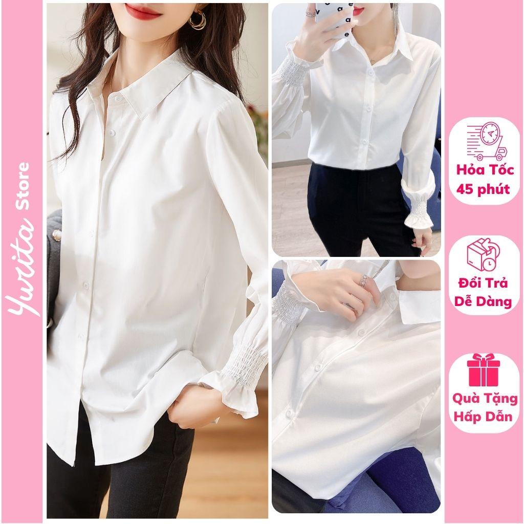 Áo Sơ Mi Nữ Form Rộng Kiểu Công Sở Dài Tay Phồng Bo Chun Dáng Dài Hàn Quốc Vải Lụa Màu Trắng Cổ Đức Vintage YURITA