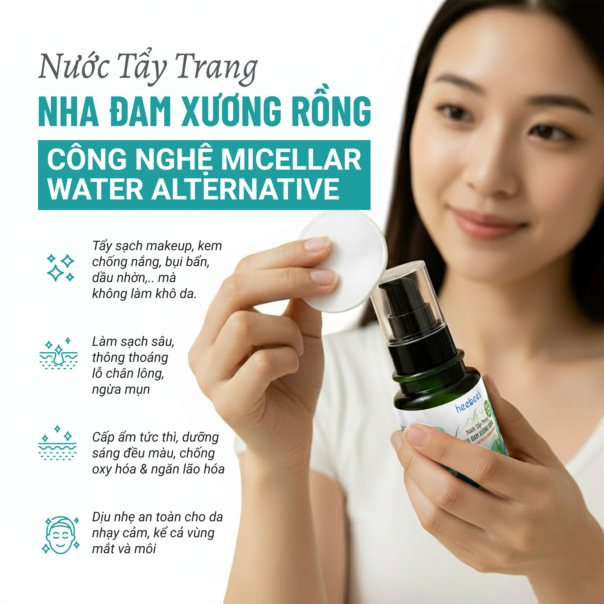 Nước Tẩy Trang Thuần Chay Nha Đam Xương Rồng Heebee’s Sạch Sâu, Dịu Nhẹ, Ngừa Mụn, Cho Da Nhạy Cảm, Không Khô Da 110ml