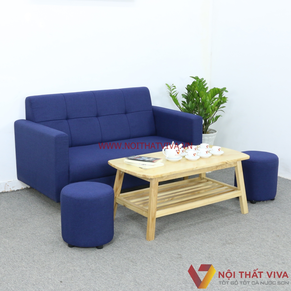 Bộ Bàn Ghế Sofa Nệm Bọc Nỉ Màu Xanh Dương 4 Món Gọn Đẹp Giá Rẻ
