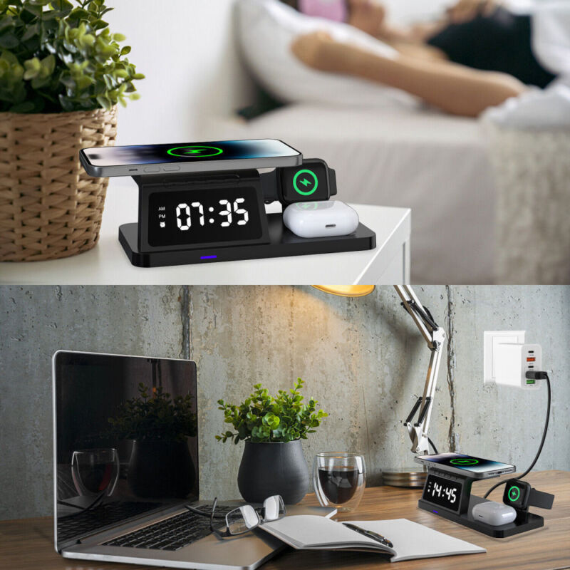 Trạm sạc không dây, đồng hồ để bàn 4in1 Wireless Charger Fast Charging Station