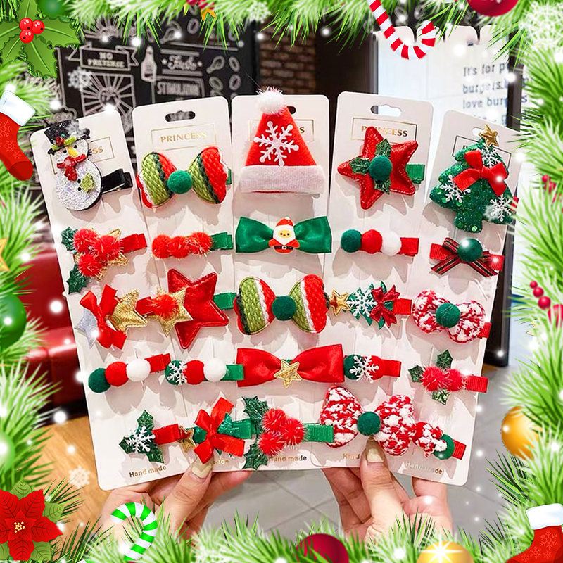 Set 5 kẹp tóc Noel đủ họa tiết đáng yêu màu xanh đỏ chủ đạo thoải mái phối đồ đi chơi Giáng sinh – NOEL004