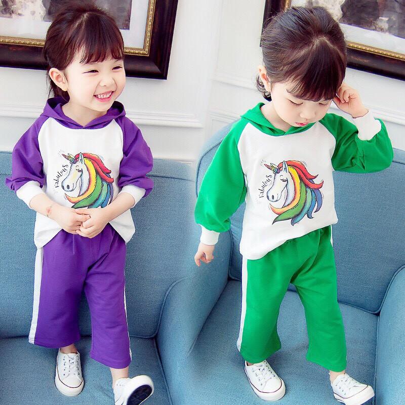 Bộ bé gái Pony tay dài thun cotton xinh mát ấm áp mùa mưa