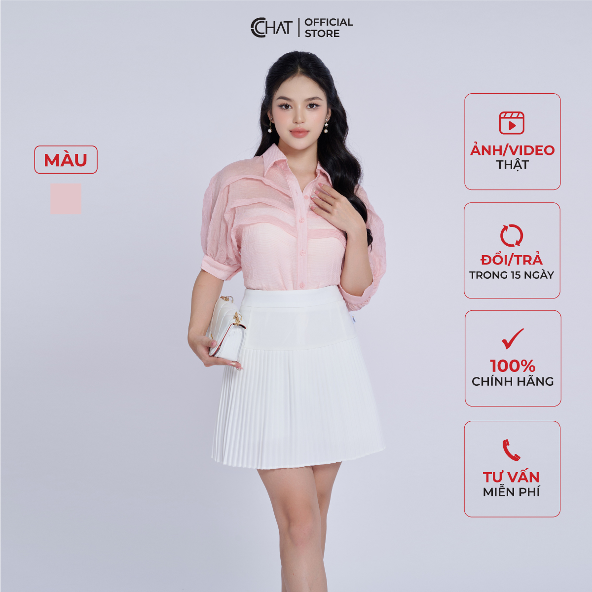 Áo Sơ Mi Nữ Kiểu Xếp Ly Ngực Dáng Suông Chất Voan Cao Cấp 93FNV2001ST