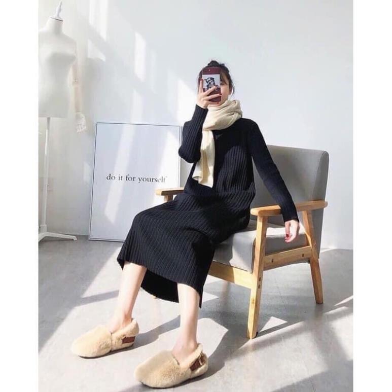 Váy Midi Len Cổ Lọ Nữ Đầm suông dáng dài co dãn màu đen trơn bánh bèo tiểu thư Ulzzang HOT ! *