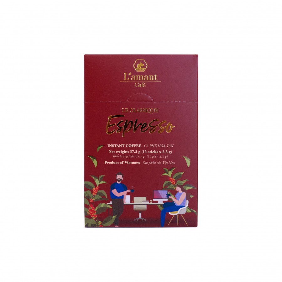 Cà phê hòa tan đen L'amant Espresso nguyên chất thơm ngon(Hộp 15 gói x 2.5gr)