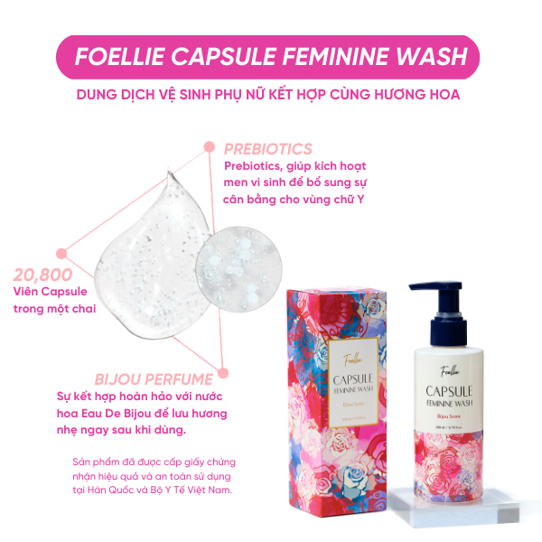 Dung Dịch Vệ Sinh Phụ Nữ Foellie Kết Hợp Với Hương Bijou Nước Hoa Đen An Toàn Dịu Nhẹ Cho Da Capsule Feminine Wash Bijou 200ml