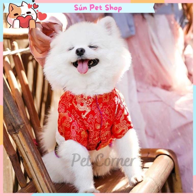 Quần áo Tết cho chó mèo, áo dài vải gấm cho thú cưng