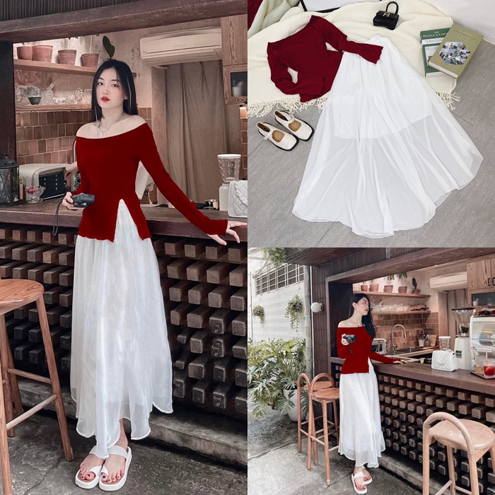 SET ÁO THUN CROPTOP TRƠN TRỄ VAI TAY DÀI LOE ĐỎ + CHÂN VÁY VOAN SUÔNG TRƠN DẠO PHỐ GIÁNG SINH NOEL