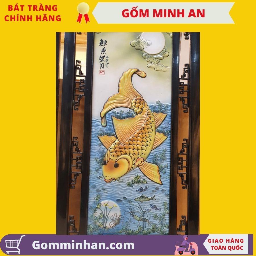 Tranh gốm Tranh Sứ Cá Chép- Lý Ngư Vọng Nguyệt Đắp nổi Phủ Men Bóng- Gốm Sứ Bát Tràng- Gốm Minh An