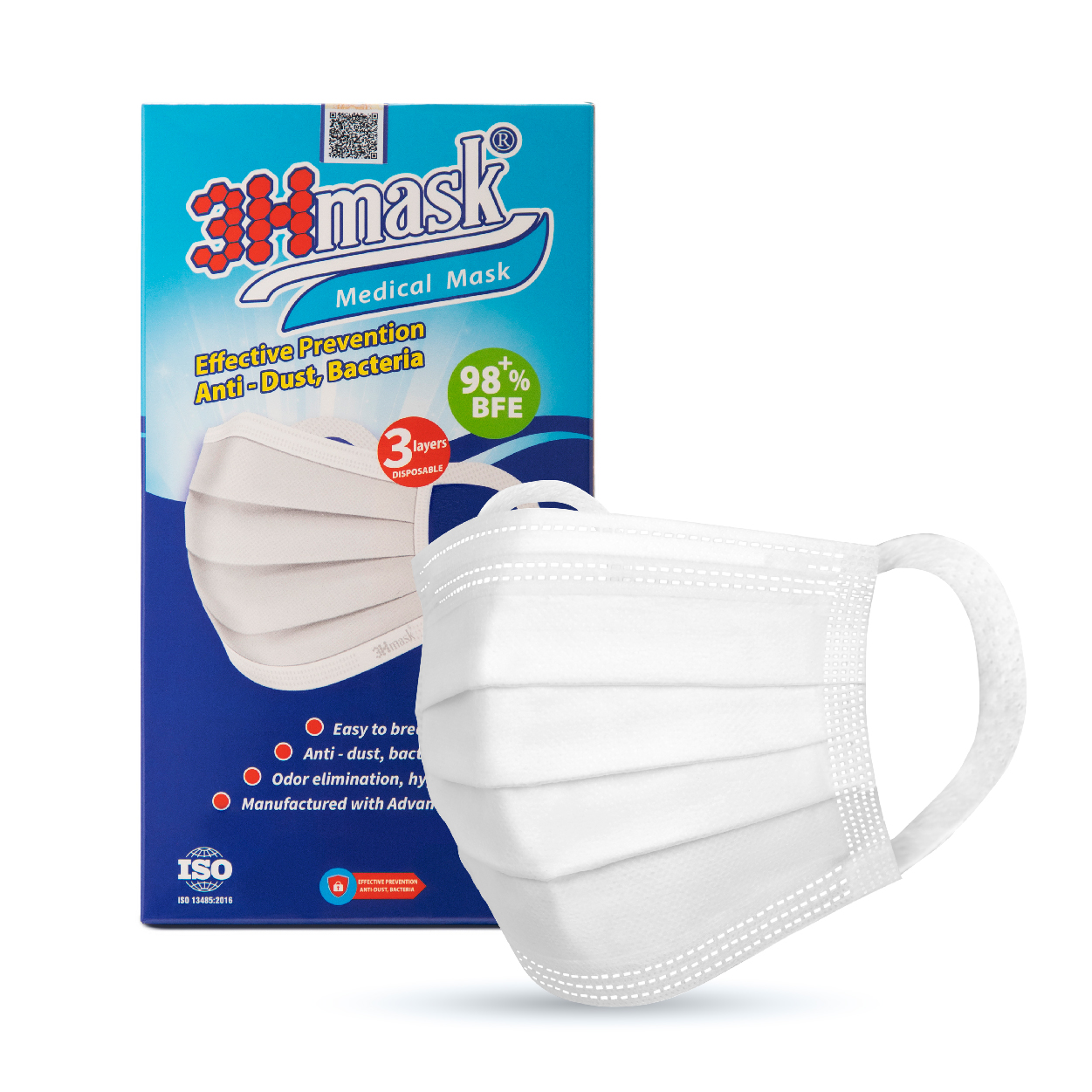 Khẩu Trang Y Tế 3Hmask 3 Lớp Quai Bản (Trắng)