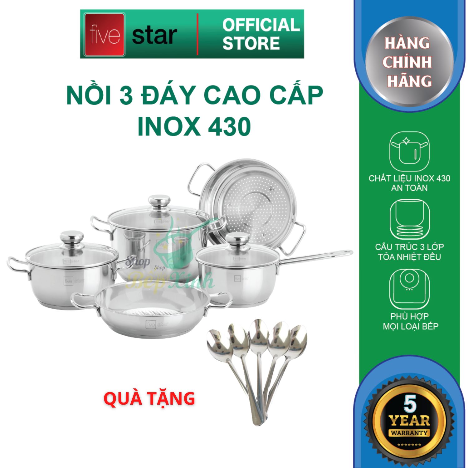 Bộ Nồi Chảo 3 Đáy Từ Inox 430 cao cấp Fivestar Standard 5 món (1 Quánh 18cm, 2 Nồi 20cm-24cm, 1 Chảo 24cm và 1 Xửng 24cm) , tặng 5 muỗng