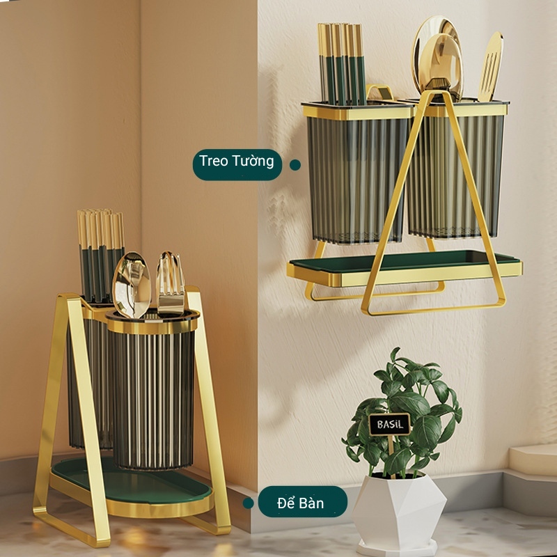 Kệ Đựng Đũa Thìa Dĩa 2 Ngăn xanh cổ vịt Inox 304 Cao Cấp - Có Thể Dán Tường
