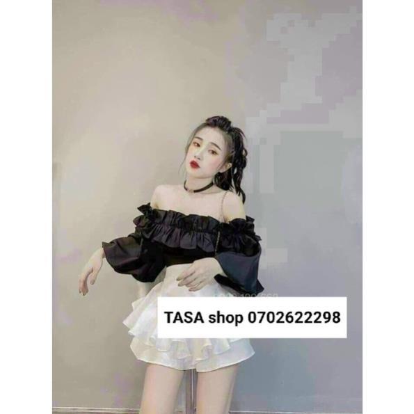 TSL-set áo tay phồng trễ vai chân váy có mút ngực đen, nâu chân váy trắng 2 tầng xòe bèo cực xinh TASA
