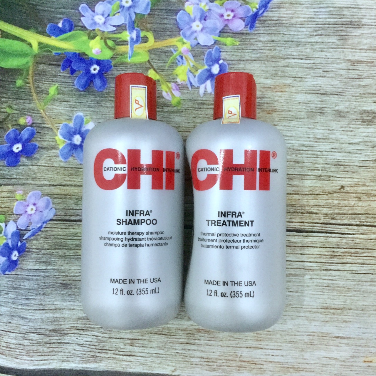 [+Tặng mũ trùm] Cặp dầu gội xả CHI Infra shampoo &amp; treatment siêu mượt cho tóc khô hư tổn (xám) USA 355ml