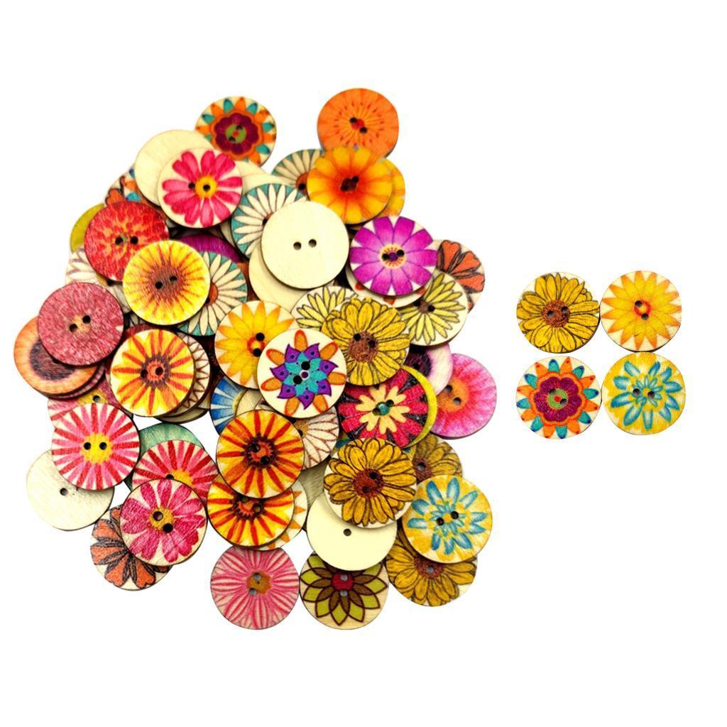 Pack of 100 Mixed Random Flower Patterns Round Wooden Buttons Assorted Colors for DIY Sewing Crafting DIY, 15mm 20mm