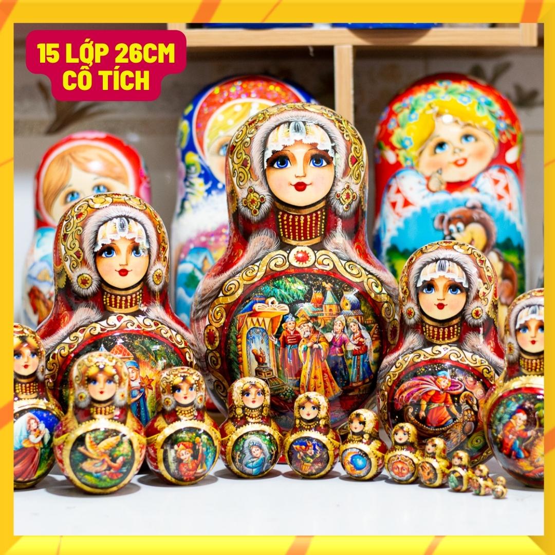 BỘ BÚP BÊ NGA MATRYOSHKA 15 LỚP CAO 26CM VẼ HOA VĂN &quot;CHUYỆN CỔ TÍCH PUSHKIN&quot; CỰC ĐẸP, ĐỘC ĐÁO VÀ SANG TRỌNG