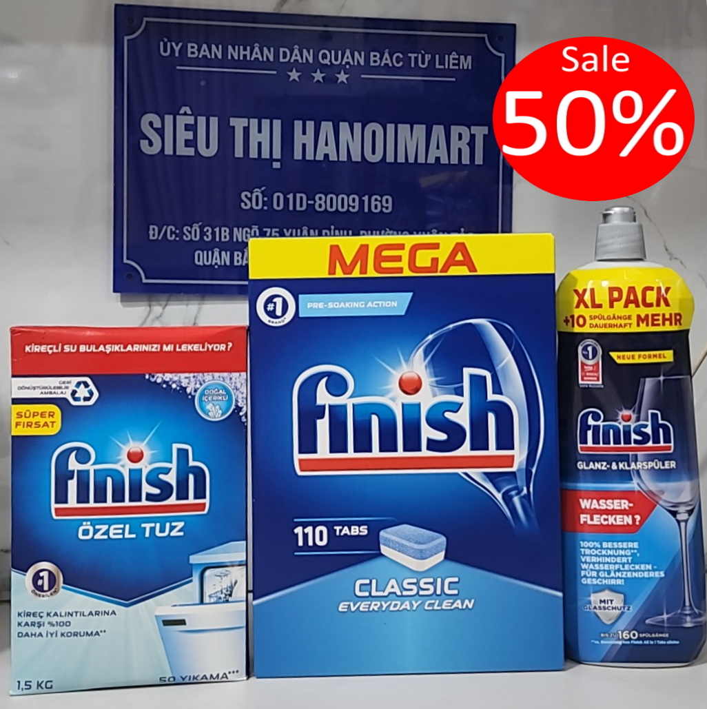 Combo: Viên rửa bát Finish Classic 100 viên+ muối finish 1,2kg + bóng 1150ml