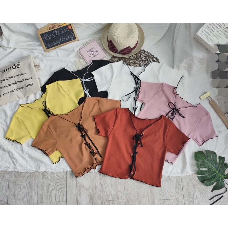 Áo croptop đan dây mắt cáo, ảnh thật trải sàn