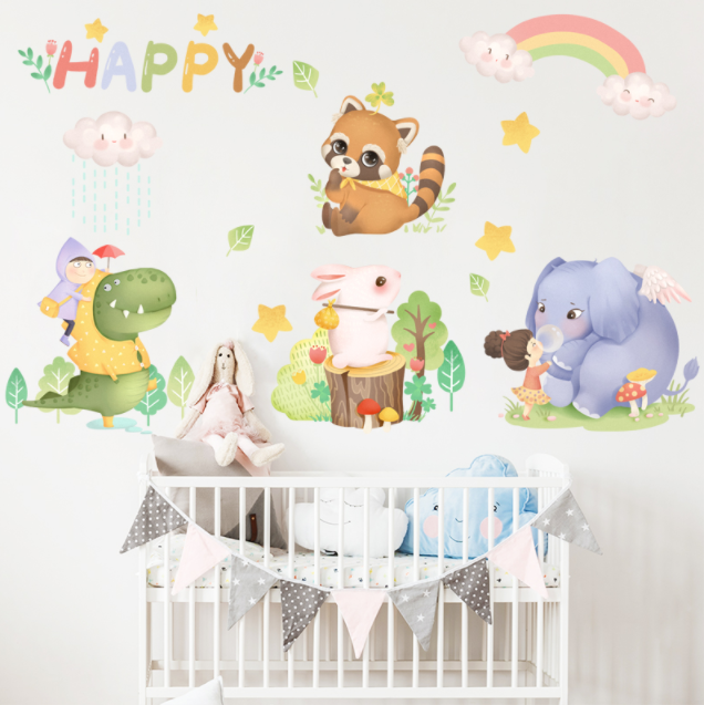 Decal trang trí tường - Những người bạn thú dễ thương chơi với 2 đứa bé