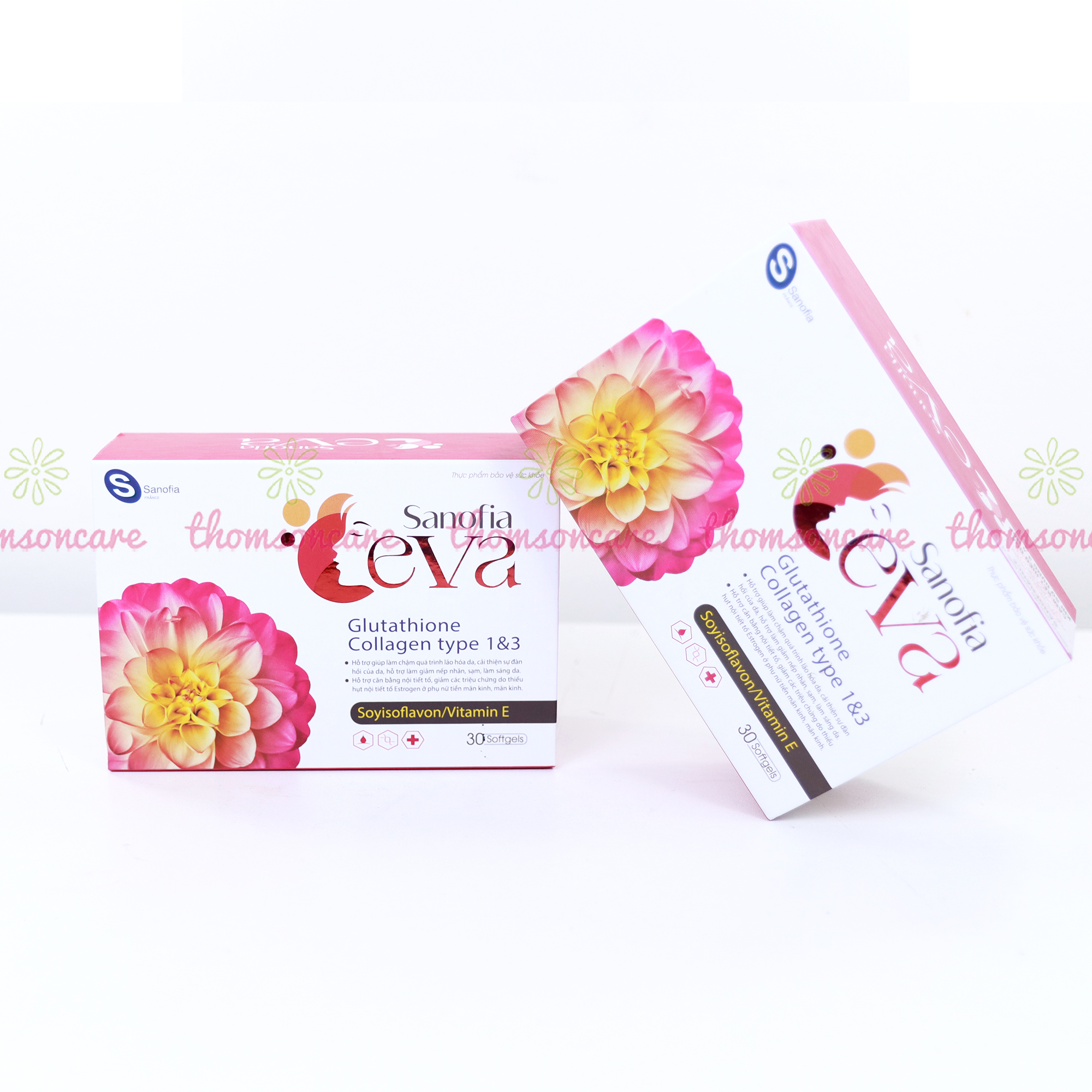Viên uống nội tiết tố nữ Eva Hồng Sanofia-Hỗ trợ làm chậm quá trình lão hóa da, cải thiện đàn hồi da - Hộp 30 viên Thomsoncare