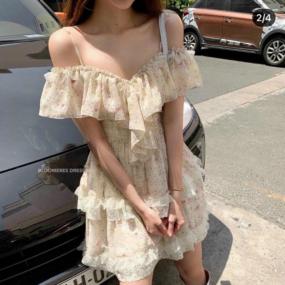 Đầm Hoa Nude Ren Rớt Vai Váy Hoa Ren Chít Eo Vai Nhún Bèo Xinh Xắn LANI SHOP