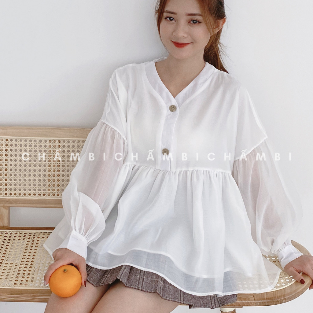 Áo Babydoll Voan Tơ 2 Lớp Tay Bồng Cúc Ngực - A.060