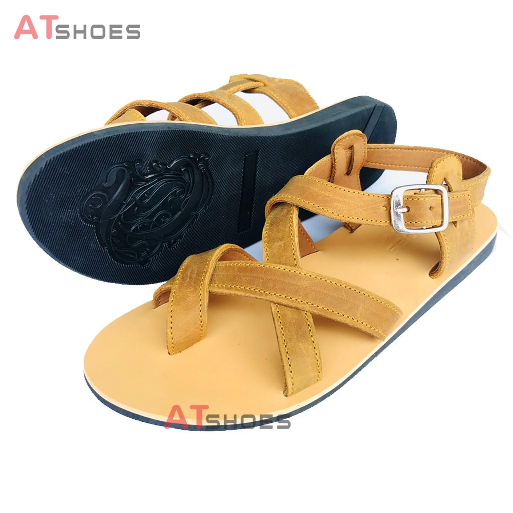 Dép Sandal Unisex - Da Bò Sandal xỏ ngón nam nữ chuẩn kiểu HQ Trẻ Trung Atshoes AT40 (Vàng)