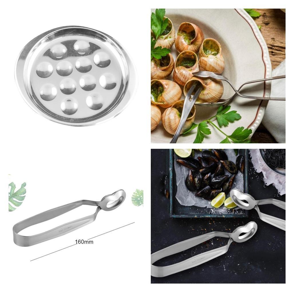 Stainless Steel Snail Escargot Plate Dishes 12 Compartment Holes Tong