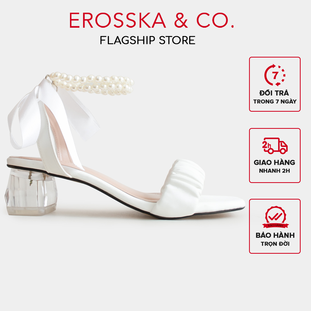 Erosska - Giày sandal cao gót đi học ngọc trai phối dây nơ quai nhún cao 4cm - EB049