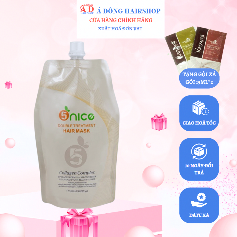 Kem ủ tóc phục hồi sâu tóc hư tổn, suôn mượt tóc 5NICE Keratin Collagen Double Treatment 500ml + Gội xả gói Karseell 15ml