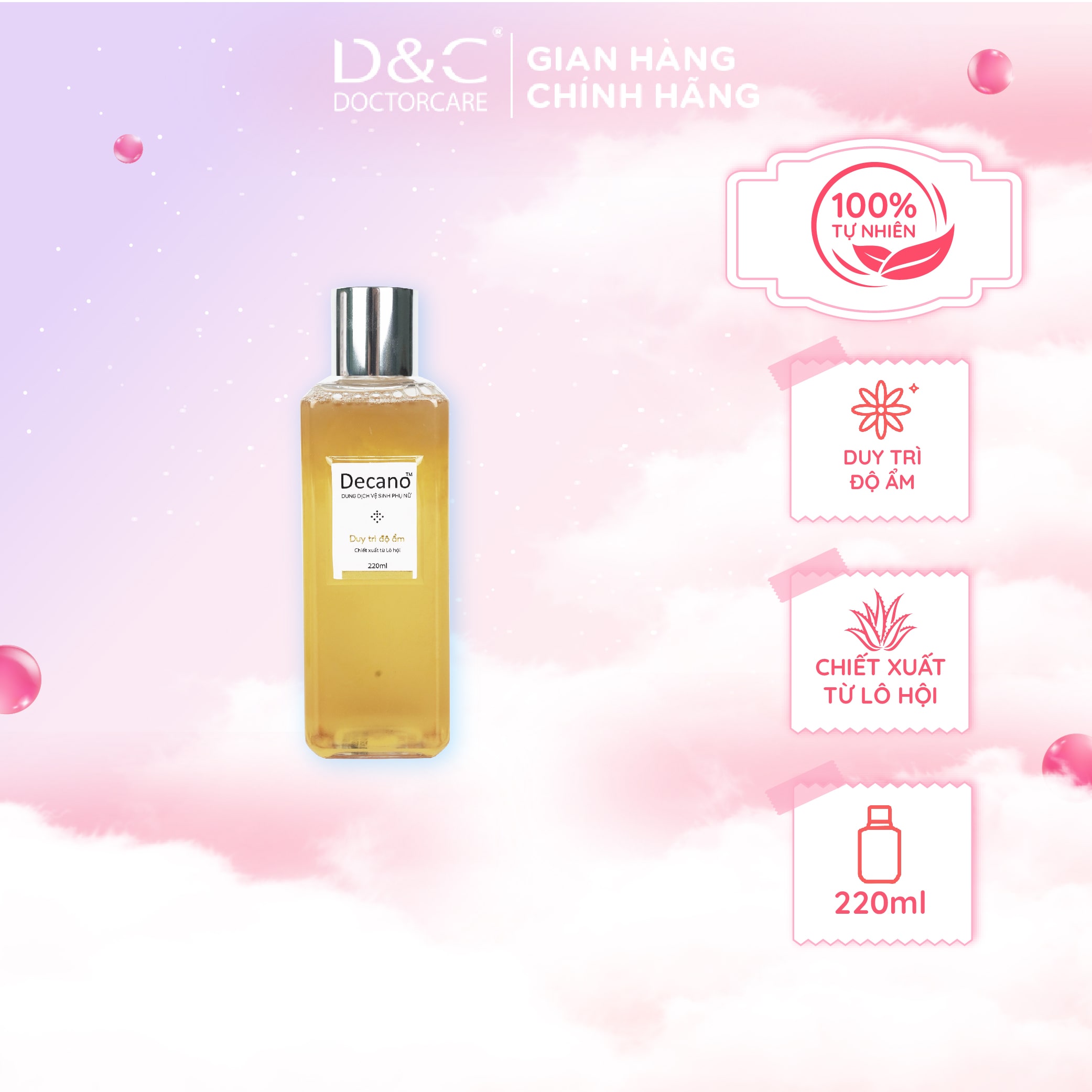 Dung dịch vệ sinh phụ nữ Doctor Care Decano 220ml chiết xuất lô hội kháng khuẩn ,duy trì độ ẩm