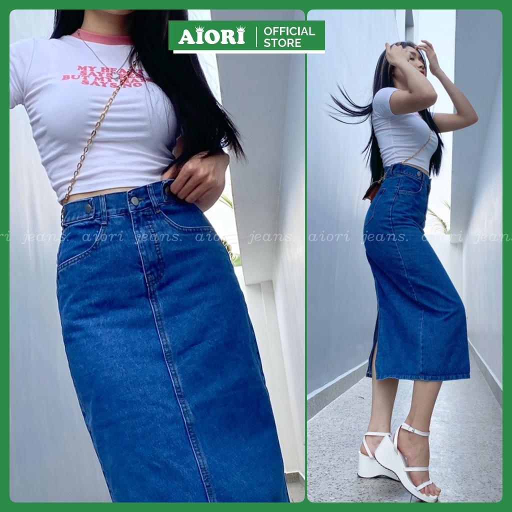 Chân Váy Jean Denim AIORI Thiết Kế Midi Dài Xẻ Tà Lưng Cao Dáng Chữ A Cạp Cao Thời Trang_Mã V005