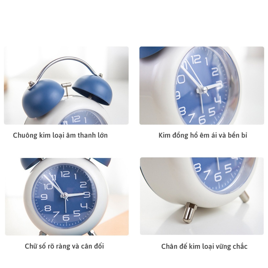 Đồng hồ báo thức Chuông kêu to để bàn Decor đẹp mini vintage Laluna đủ màu kim loại tích hợp đèn ngủ