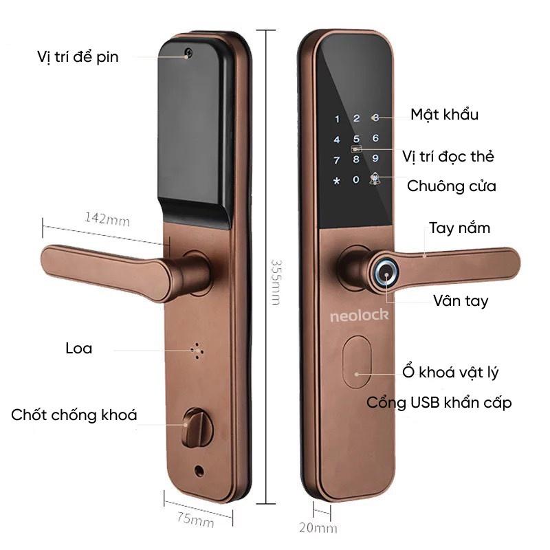 Khóa cửa vân tay thông minh cao cấp qua APP Neolock - neo5S dành cho cửa gỗ, cửa thép chống cháy, cửa nhựa, biệt thự,...