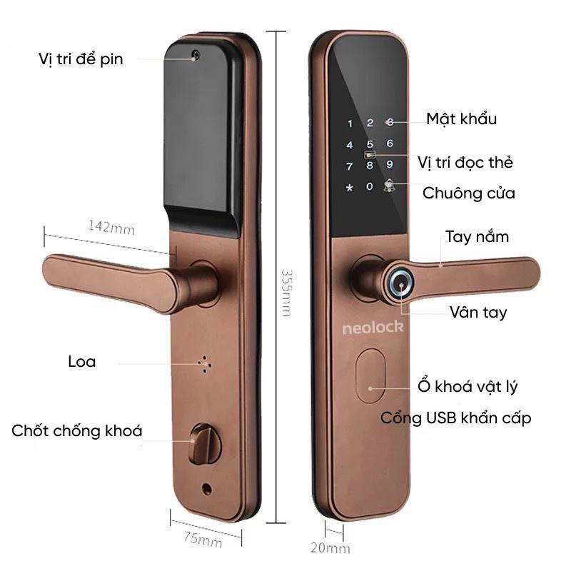 Khoá cửa vân tay mở qua ứng dụng di động cho cửa gỗ chung cư homestay Neolock - Neo5S