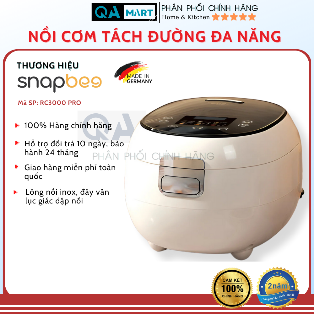 Nồi cơm tách đường đa năng Snapbee RC3000 Pro- 2 lòng nồi inox, đáy vân lục giác chống dính - Hàng chính hãng