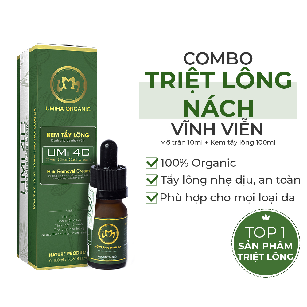 Bộ triệt lông Nách vĩnh viễn UMIHA gồm Kem Tẩy Lông 65ml và Mỡ Trăn nguyên chất U Minh Hạ 10ml an toàn tiết kiệm