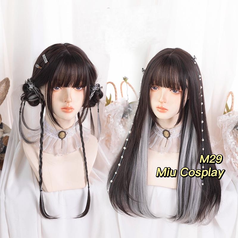 Wig/Tóc giả nữ sinh nhuộm hai lớp trắng xám mix nâu đen - M28 Nguyên đầu teen/lolita