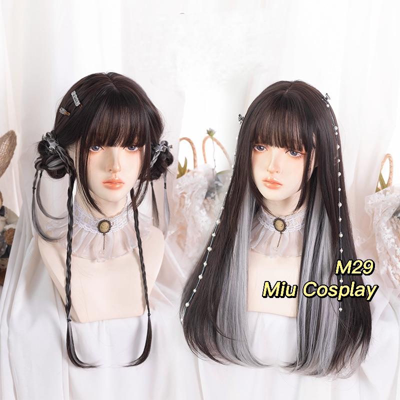 [Sẵn] Wig/Tóc giả nữ sinh nhuộm hai lớp trắng xám mix nâu đen - M28 Nguyên đầu teen/lolita [Miu Cosplay