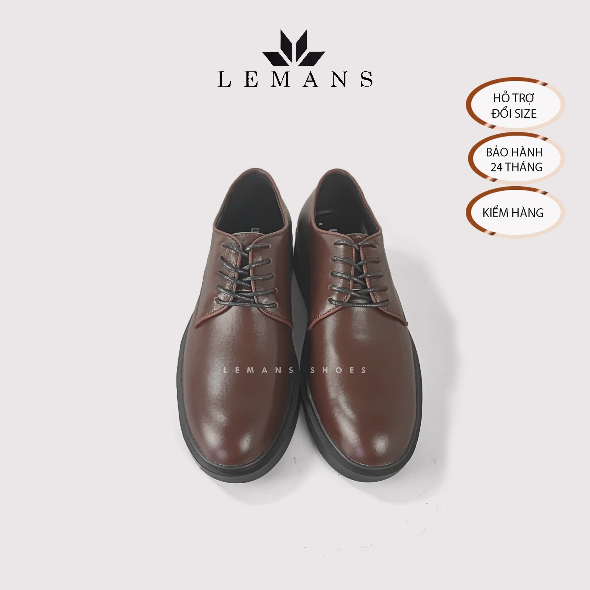Giày tây Modern Derby Brown - LEMANS, da bò nguyên tấm, đế tăng chiều cao 4cm, bảo hành 24 tháng