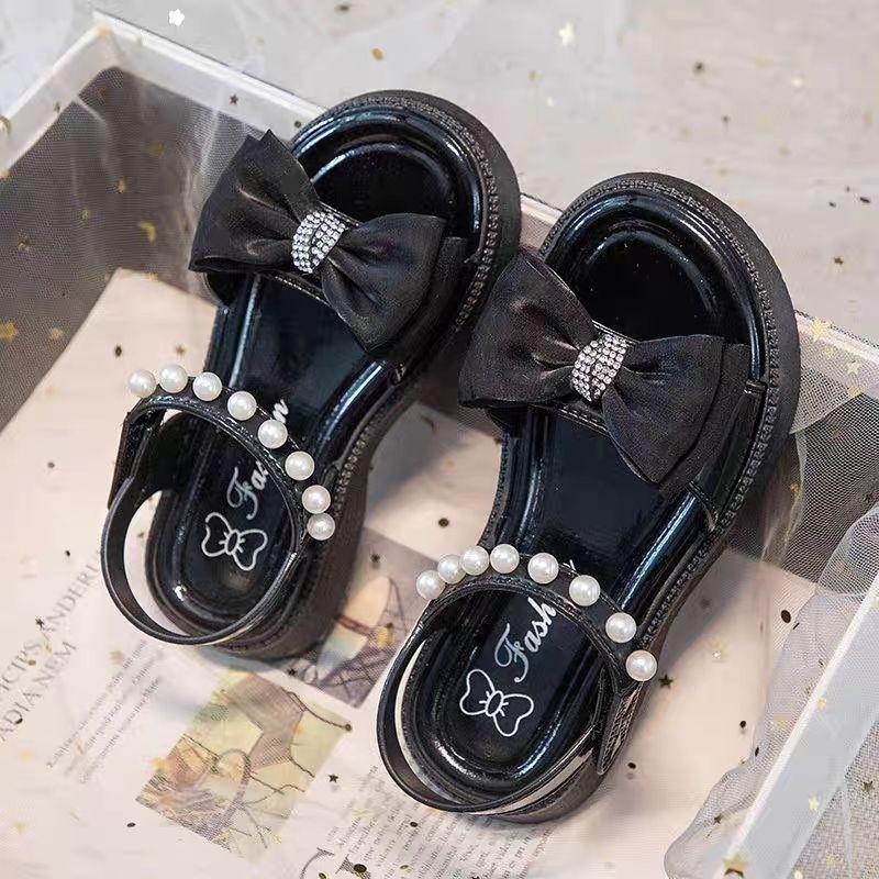 Giày sandal bé gái đính nơ hạt châu cực xinh chất nhựa mềm dẻo chống trơn chống nước đi học đi biển - SE002 - Đen