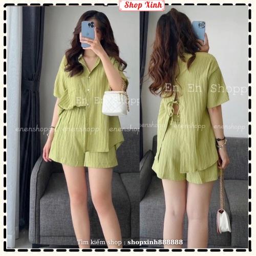 Bộ đùi nữ Set sơ mi sọc xanh lá cột nơ lưng, Set sơ mi sọc xanh lá quần sooc chất đũi thắt nơ lưng