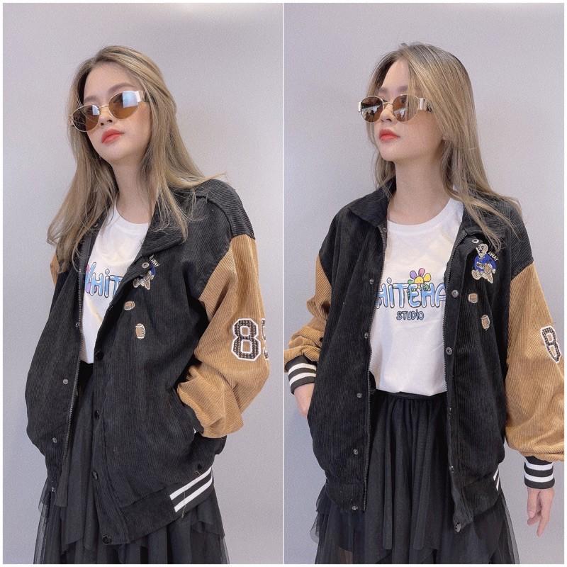 Áo Khoác Nữ KaKi Nhung Tâm Hàng QC Thêu Gấu Nút Bấm Bomber Jackets Dù Lót Trong THÊU GẤU - AK1066