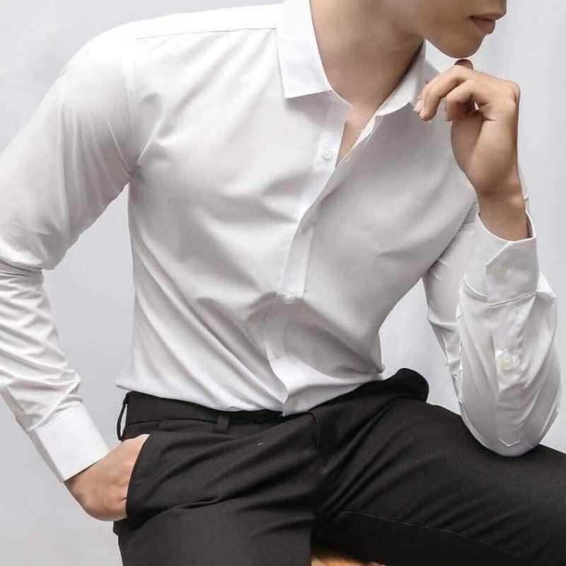 Áo sơ mi nam trơn dài tay, áo sơ mi trắng gấp hộp công sở chất liệu cotton mịn cao cấp