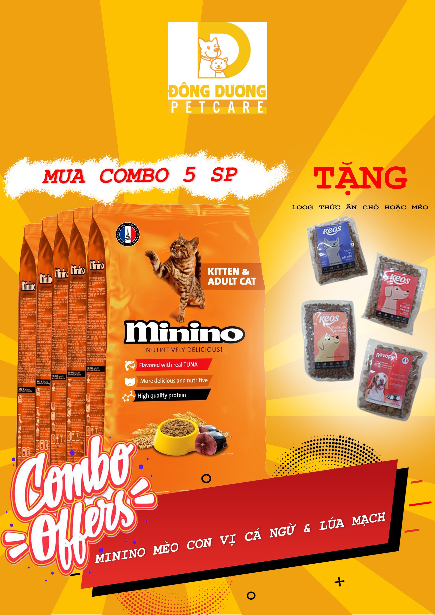 [Siêu Sale] COMBO 5 gói thức ăn cho mèo con &amp; mèo trưởng thành vị cá ngừ - Minino Tuna Flavored gói 480g