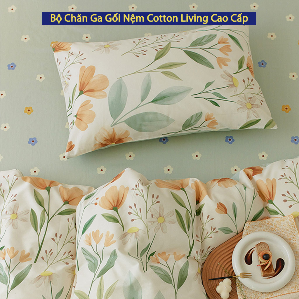 Bộ Ga Giường 5 Món Chăn Ga Gối Nệm Cotton Living ANNA NGUYÊN Cao Cấp Chuẩn Khách Sạn 5 Sao Bộ Chăn Ga Ra Drap Gối Nệm Đệm Trải Giường 4 Món Dễ Thương Cute