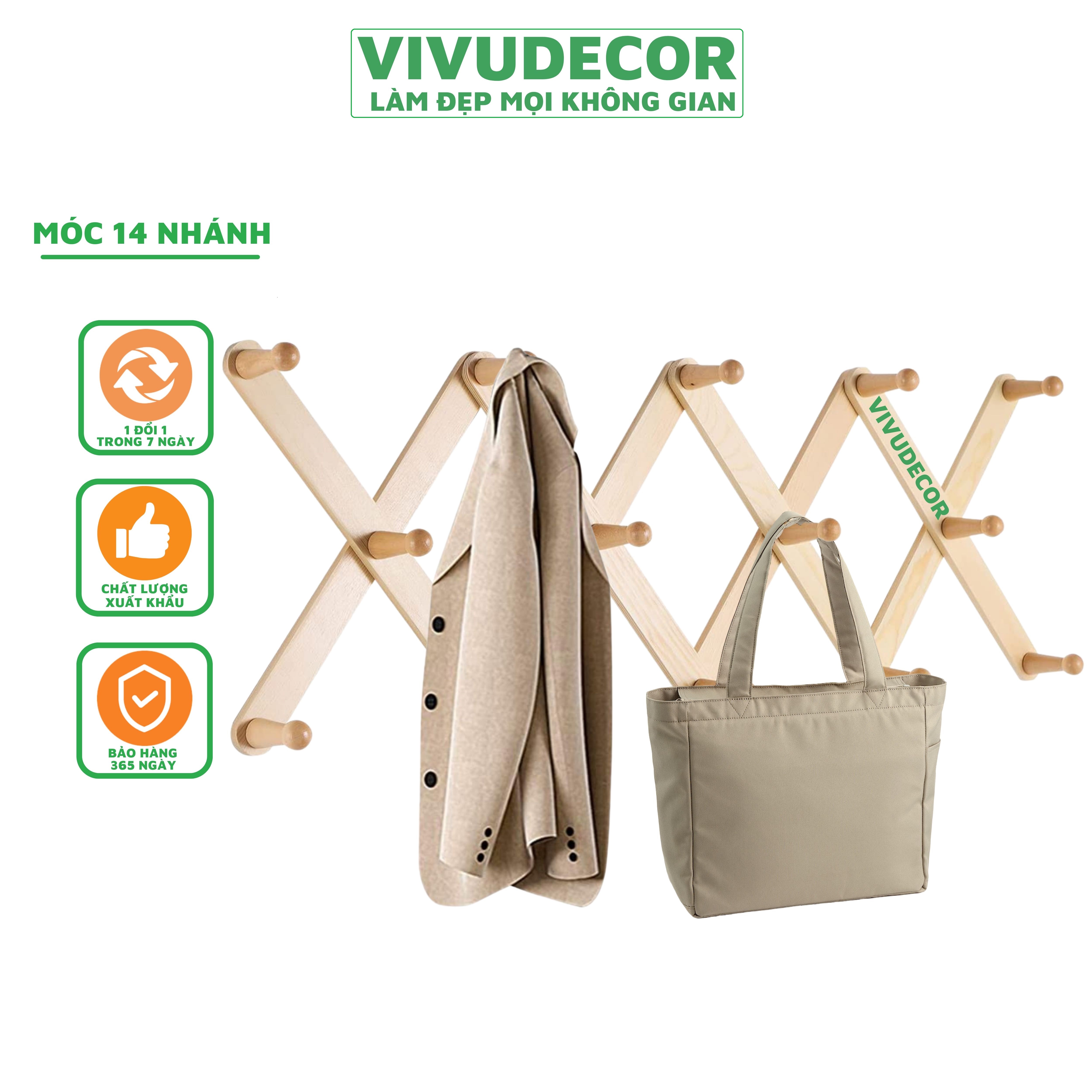 Móc Xếp Gỗ 14 Nhánh Tròn Vivudecor - Móc Xếp Thông Mình Biến Hình Phù Hợp Với Mọi Không Gian, Treo Tường Không Cần Khoan